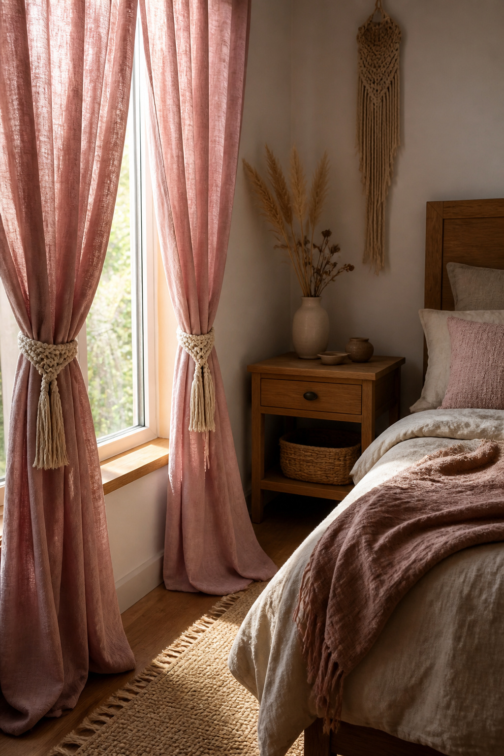 Dusty rose curtains drape elegantly in a softly styled boho bedroom.
