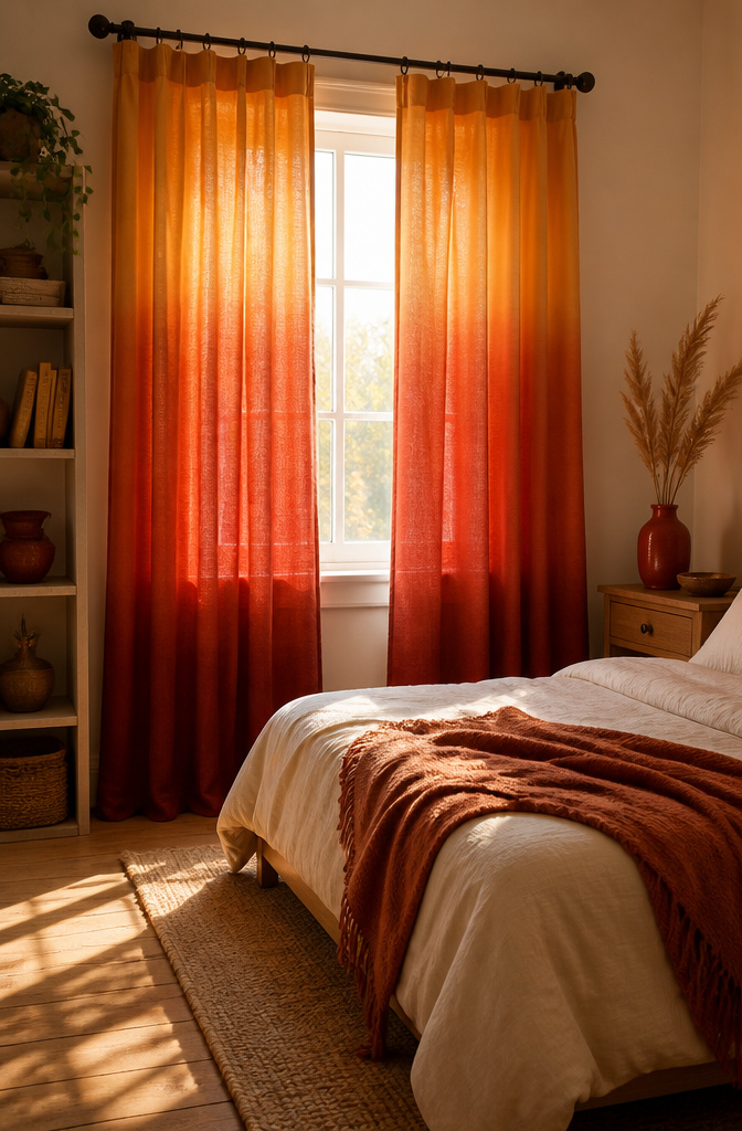 Ombre curtains in warm tones hang in a boho bedroom.