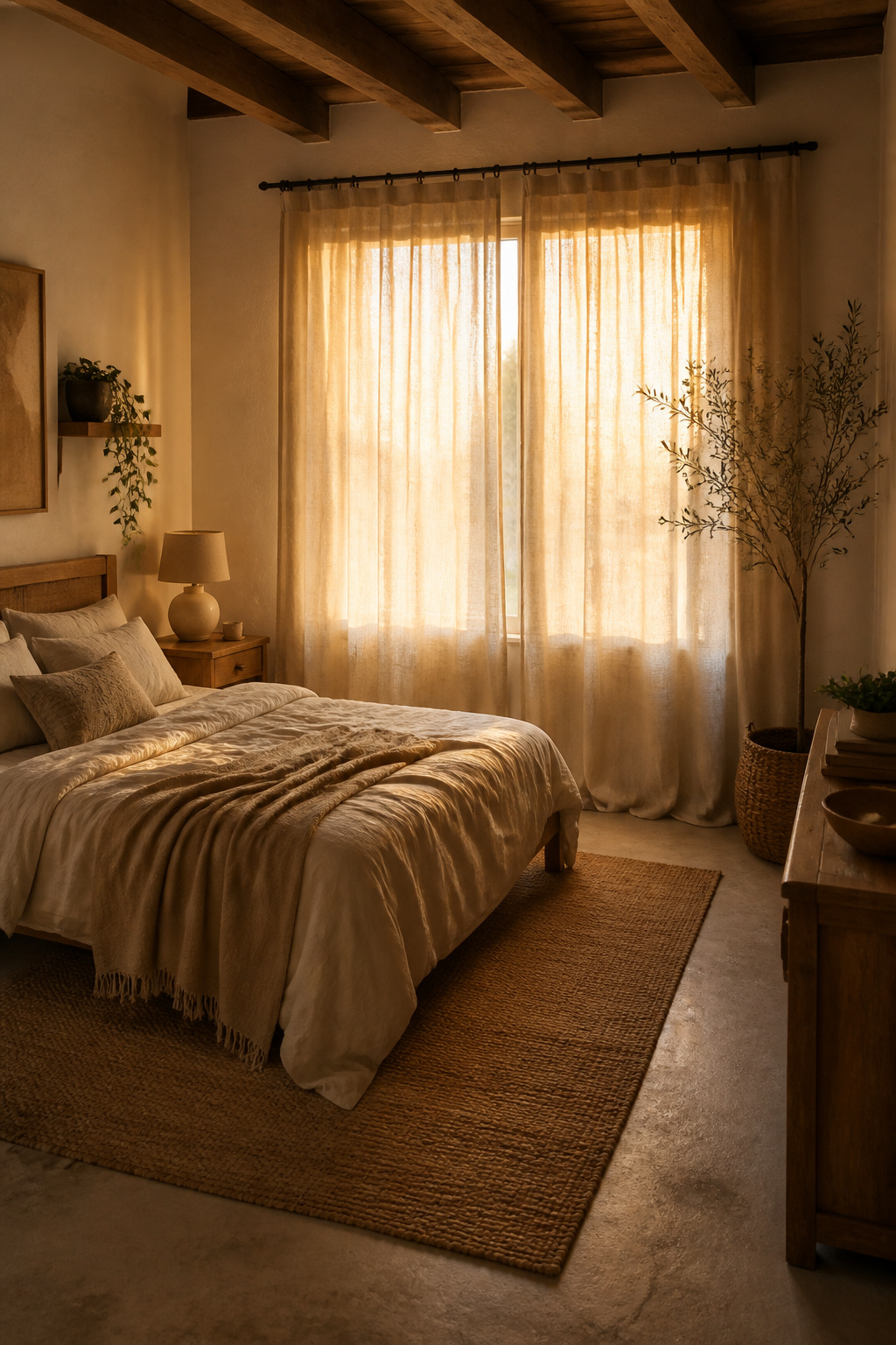 Warm cream linen curtains hang in a serene boho bedroom.