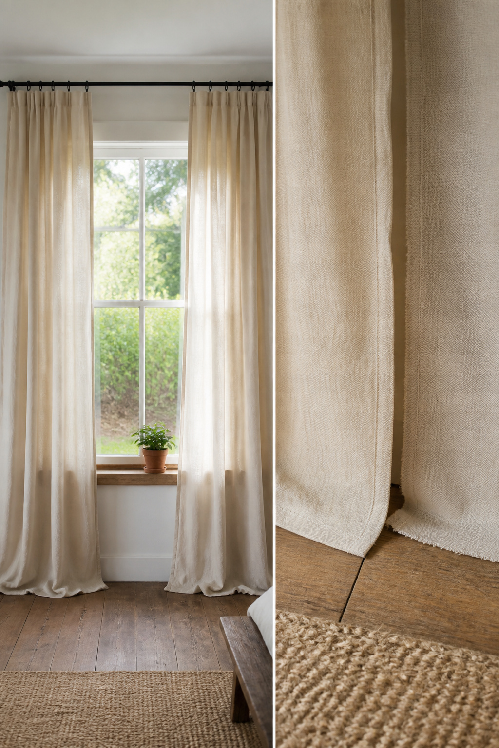 A canvas drop cloth hung as a curtain in a room.