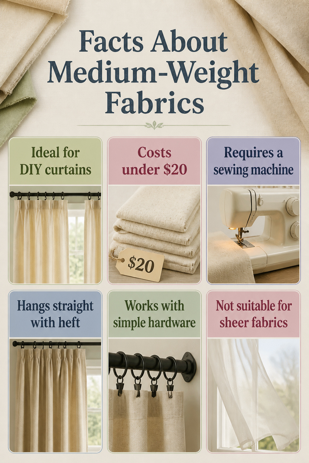 A display of medium-weight fabrics suitable for curtains.