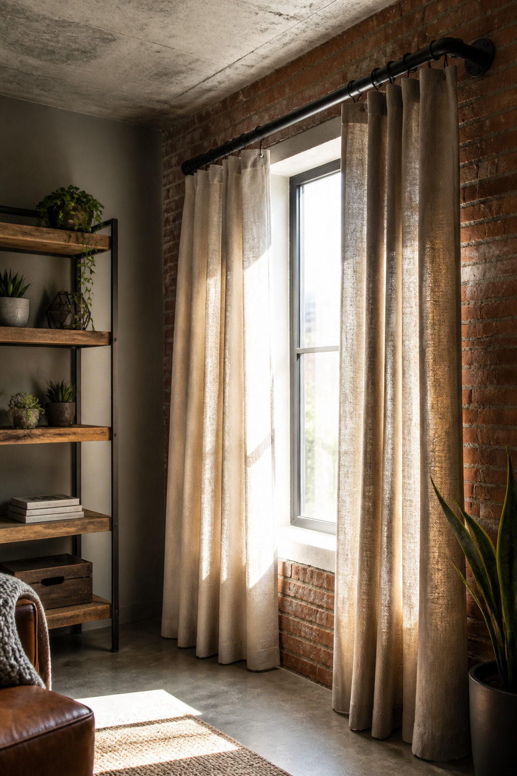 A black plumbing pipe used as a curtain rod with drapes.