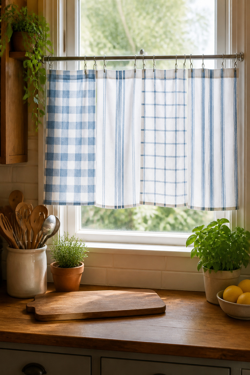 Tea towels used as café curtains over a kitchen window.