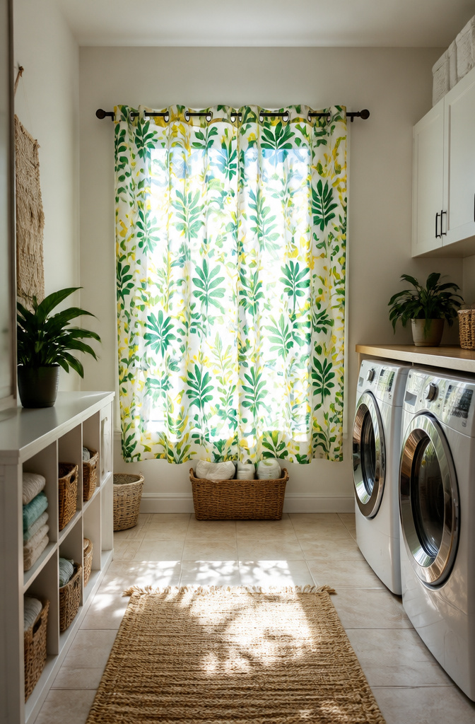 A standard shower curtain used as a window covering.