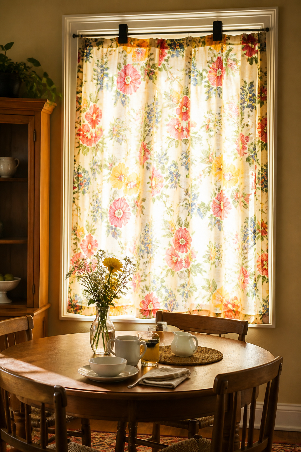 A tablecloth used as a curtain in a cheerful dining area.