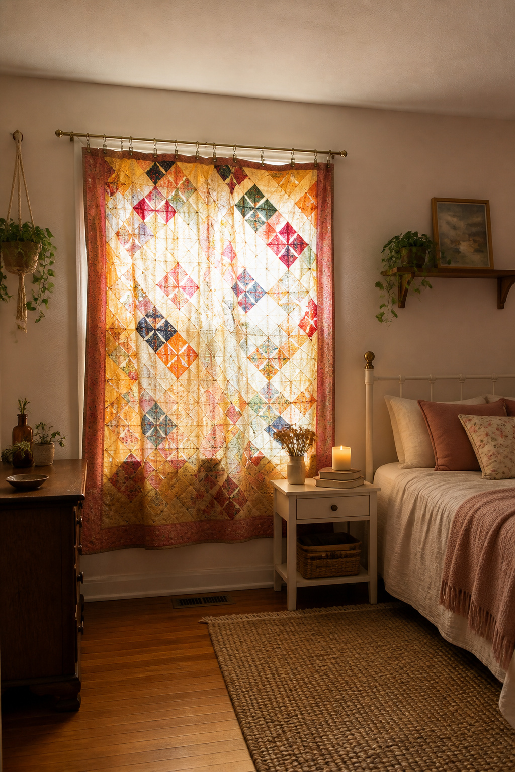 A vintage quilt displayed as a curtain covering a window.