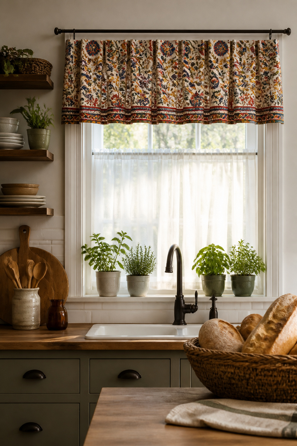 A table runner used as a valance above a kitchen window.