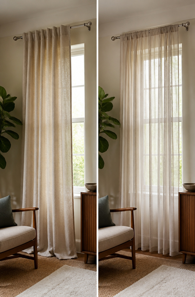 Various mismatched curtain panels hanging together in a room.