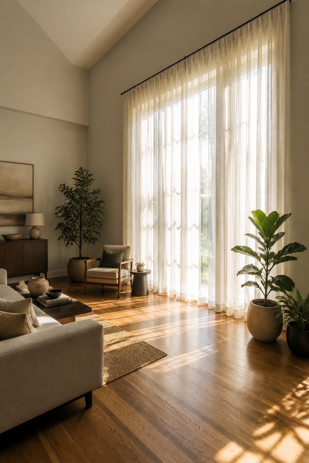 Sheer curtains hanging from the ceiling, brightening the room.
