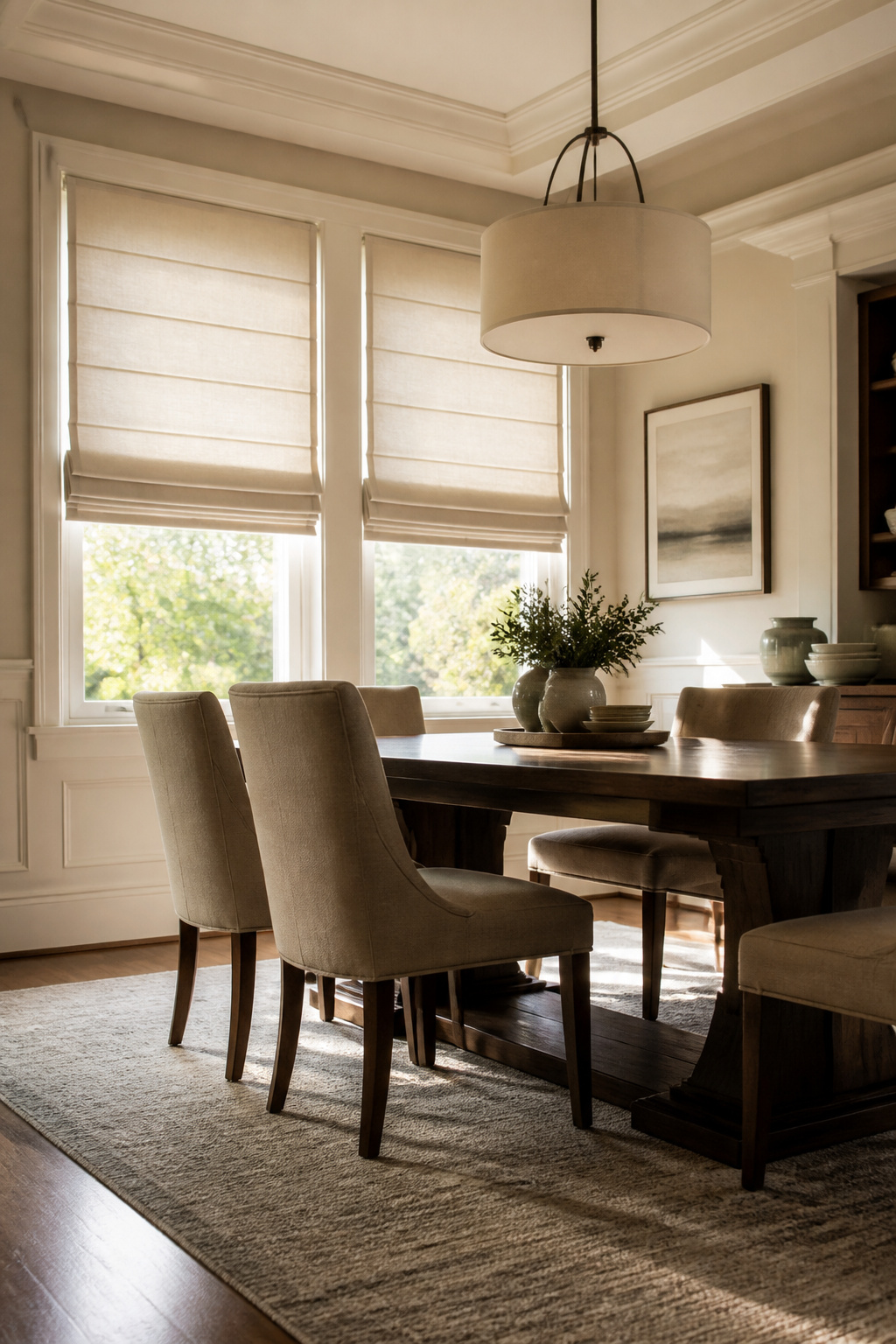 Motorized Roman blinds with tailored pleats in a dining area.