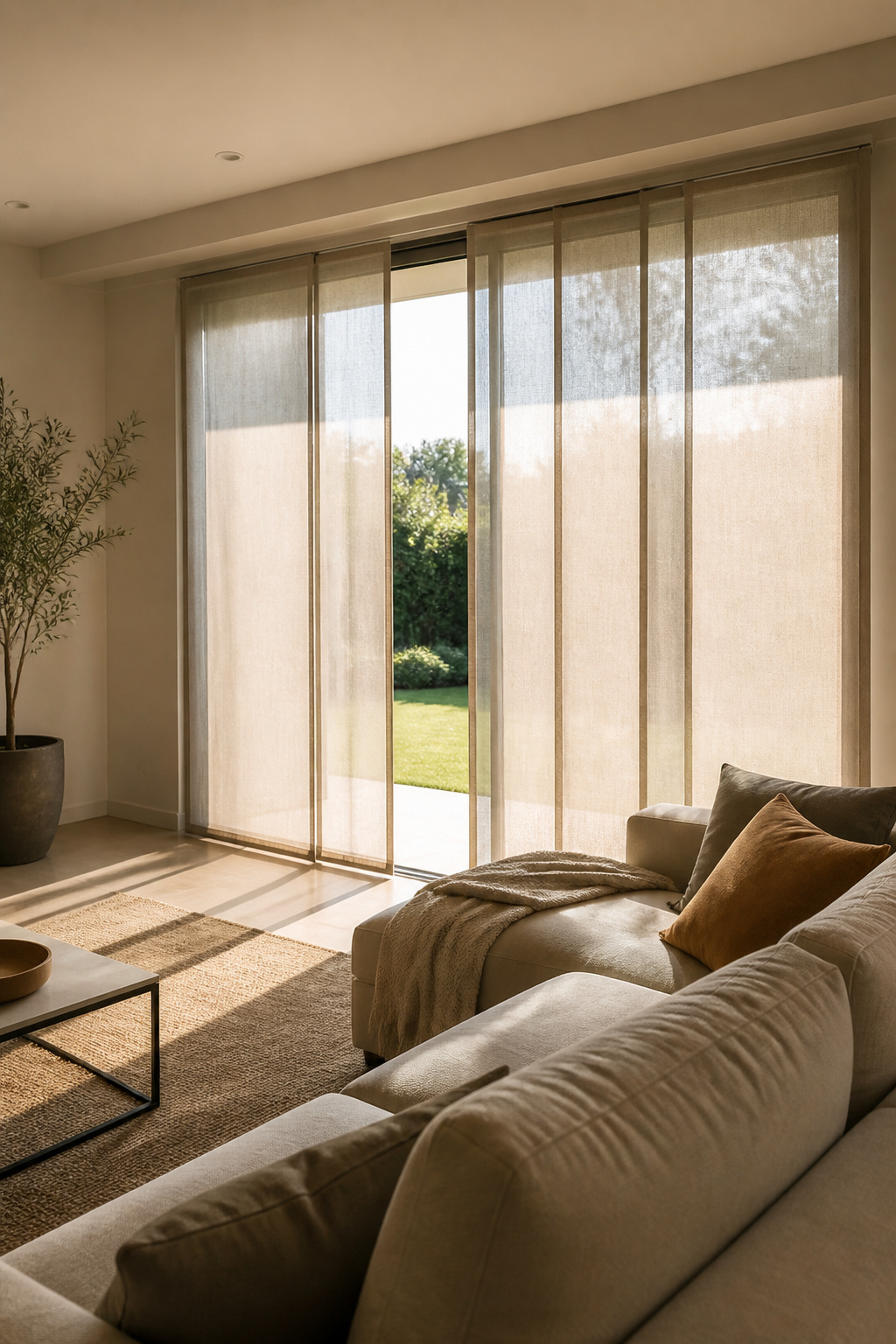 Panel blinds covering a sliding glass door in a modern living room.