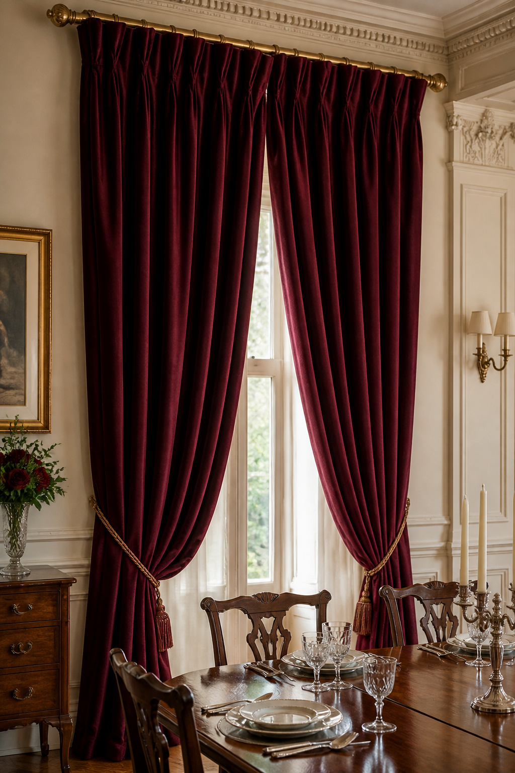Goblet pleat curtains in a living room with high ceilings.