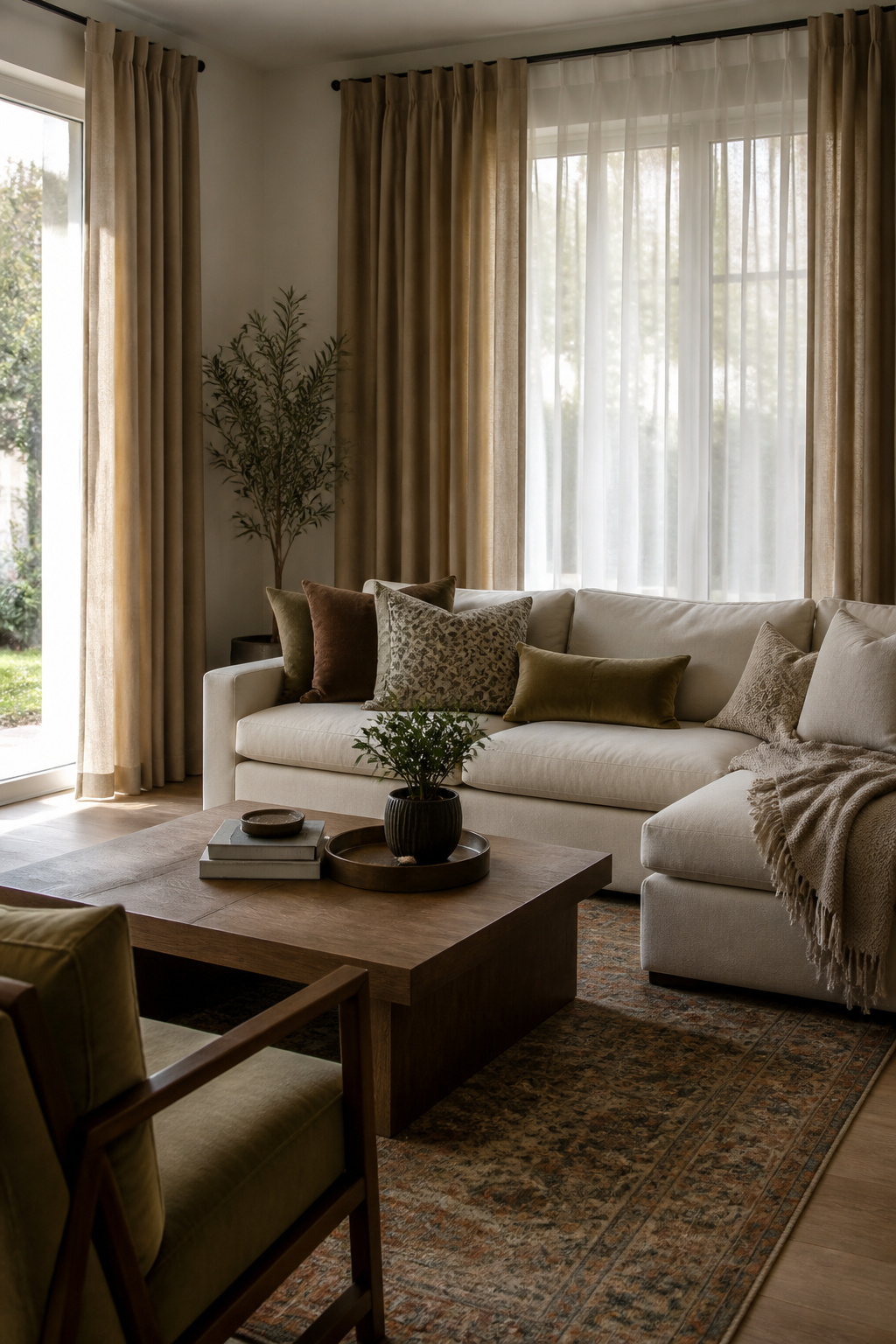 Multiple window treatments styled in a softly lit living room.