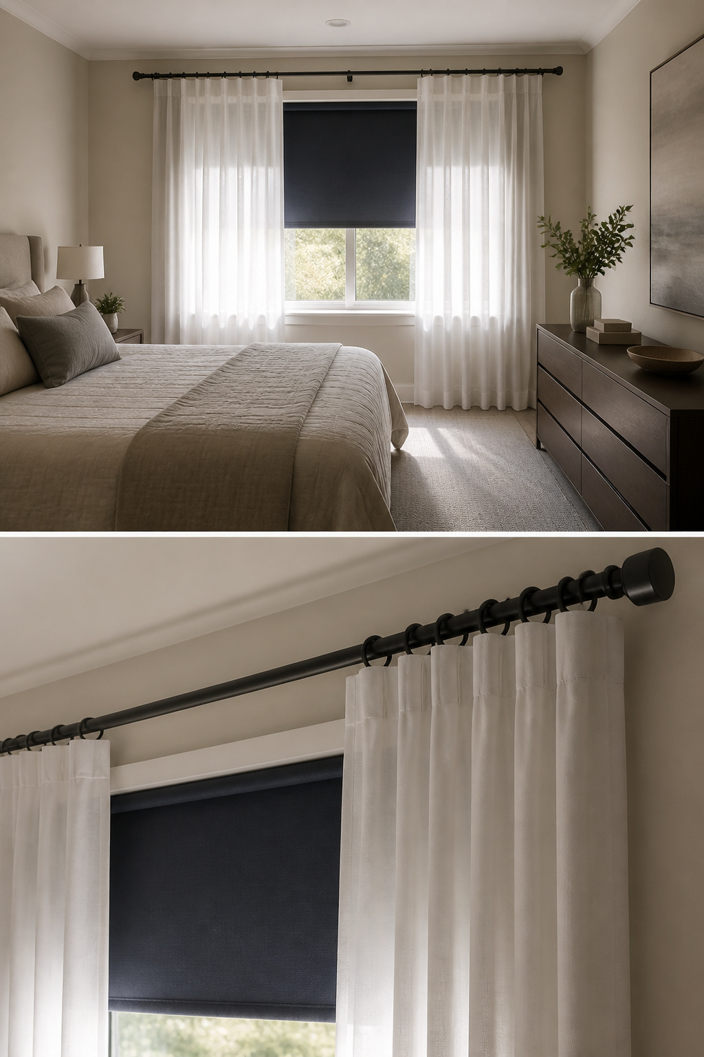 Sheer curtains layered over blackout blinds in a bedroom.