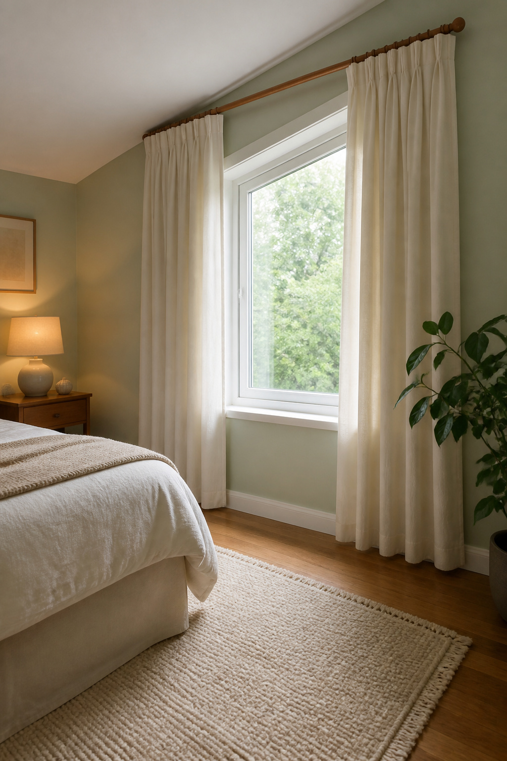 Custom fabric curtains framing a sloped window in a bedroom.