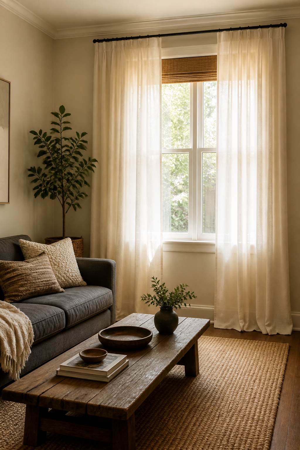Ivory curtains hanging against light beige walls in a living room.