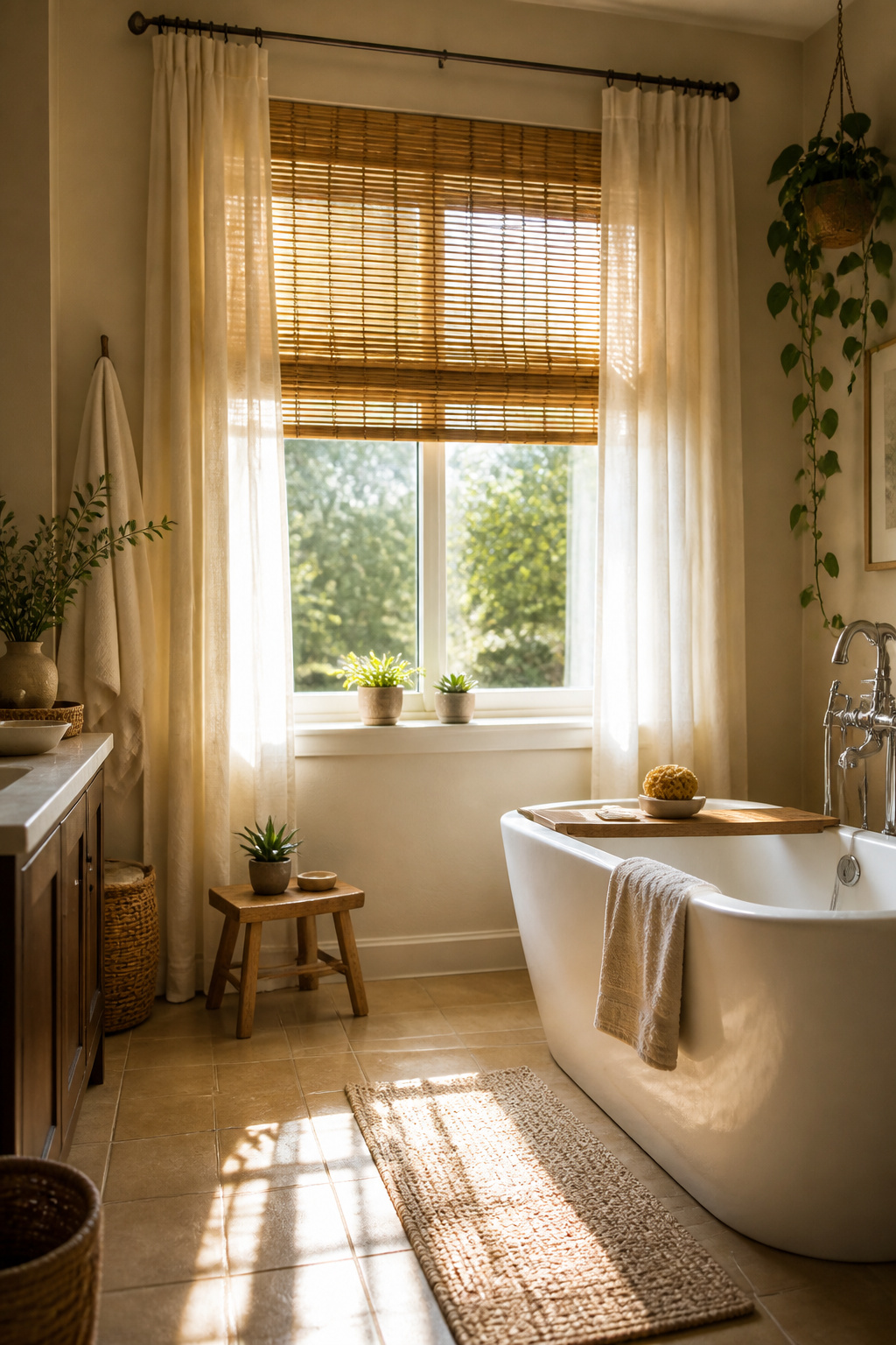 Bamboo blinds and cotton curtains in a bright bathroom.