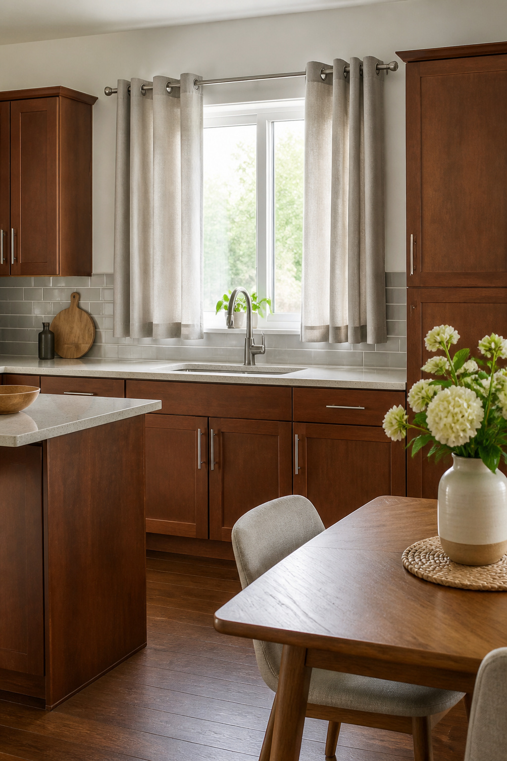 Eyelet curtains hanging in a kitchen window with natural light.