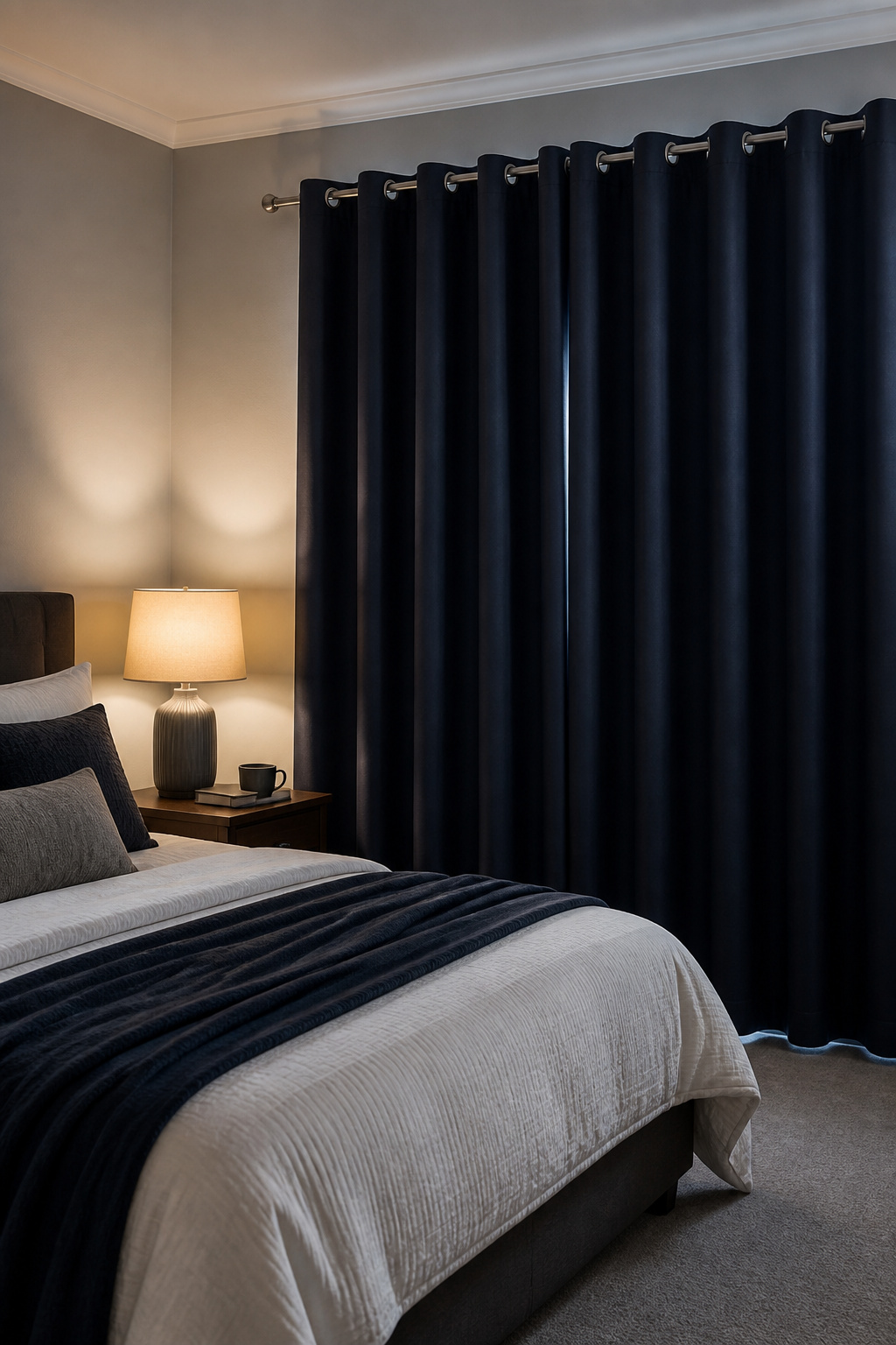 Blockout curtains in a dark navy color in a bedroom.