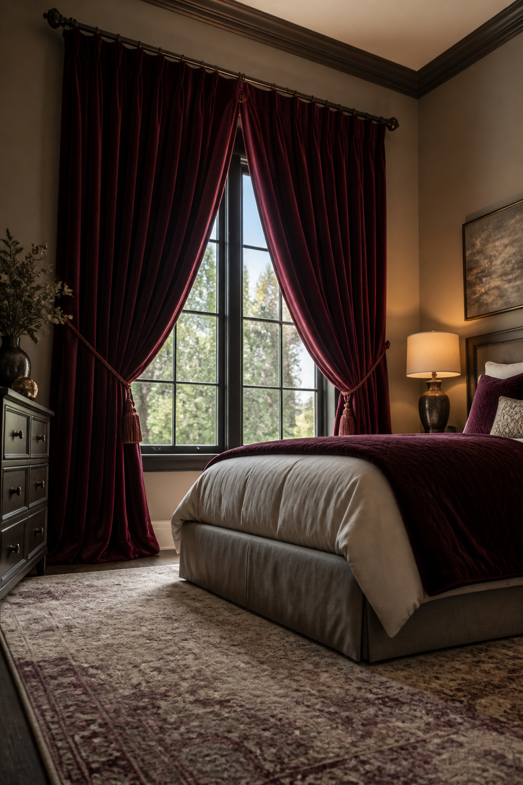Luxurious velvet curtains draping elegantly in a bedroom.