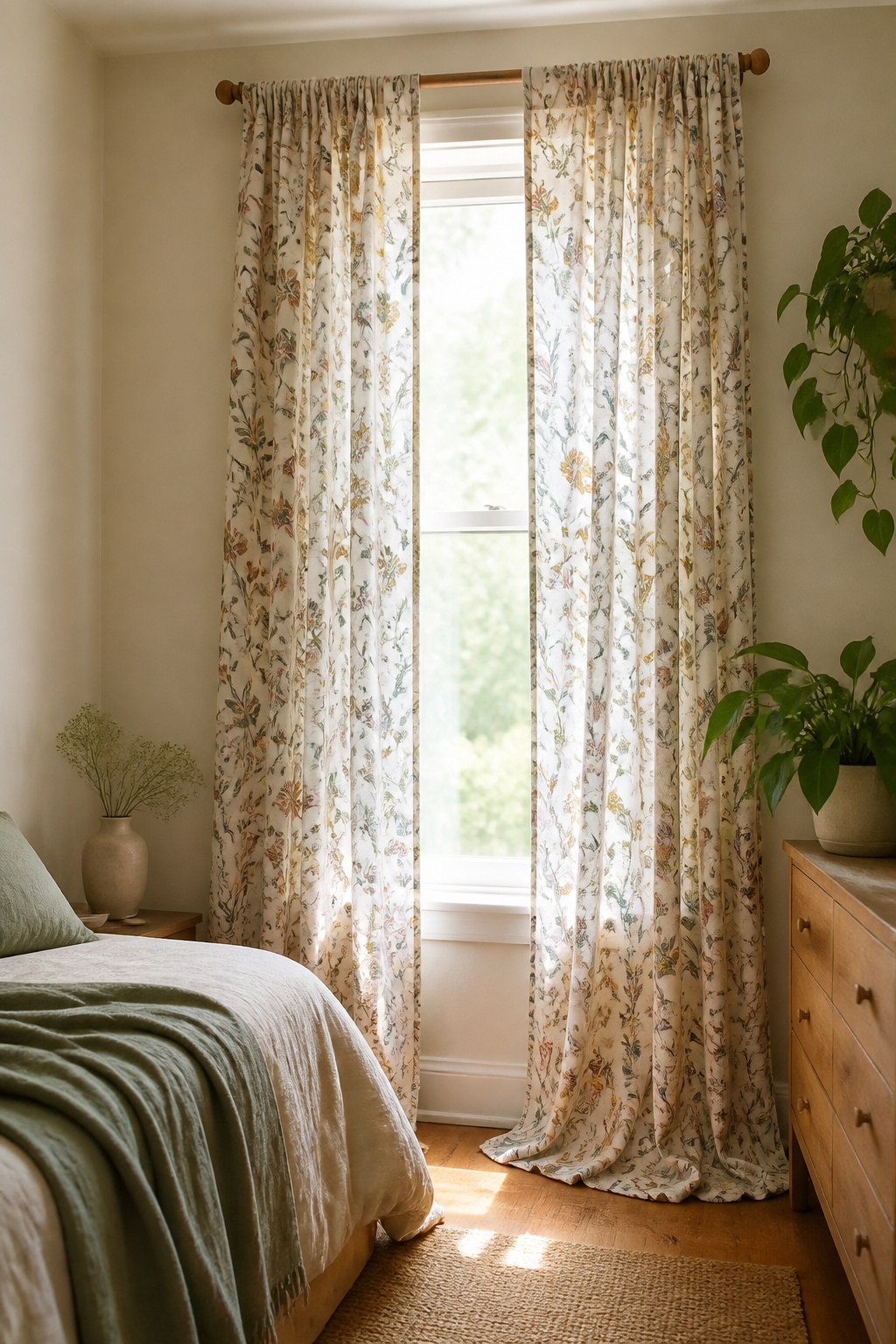 Colorful patterned curtains brightening a neutral bedroom.