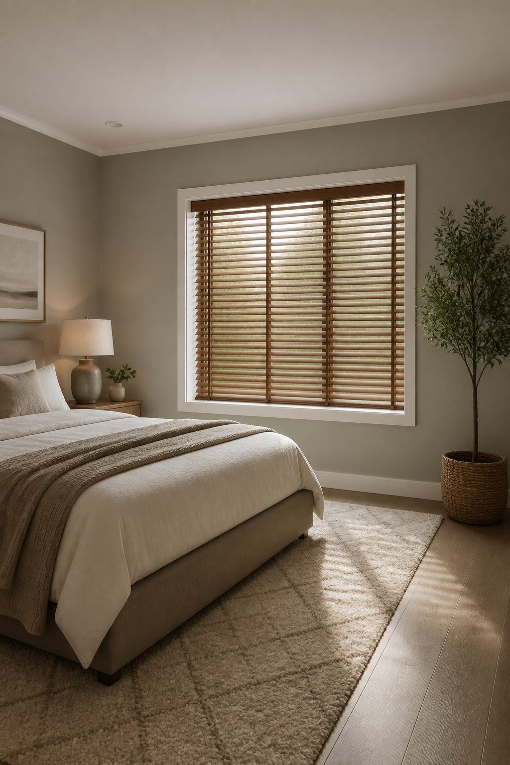 Modern blinds installed inside a bedroom window frame.