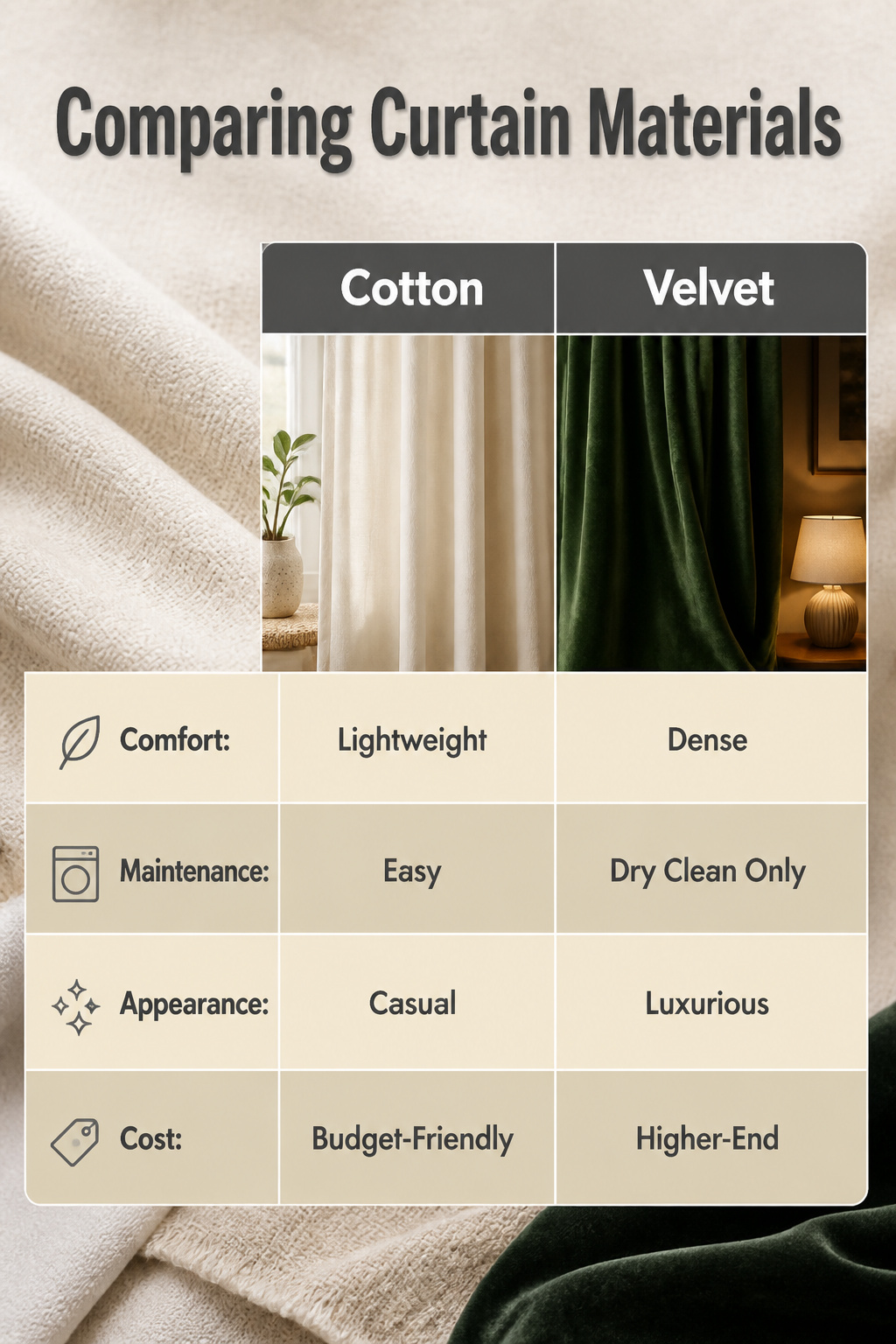 A comparison of various curtain materials displayed side by side.