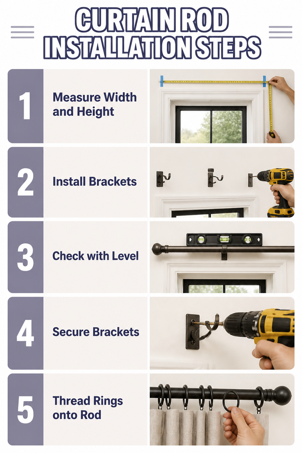 Step-by-step visual guide on installing curtain rods.
