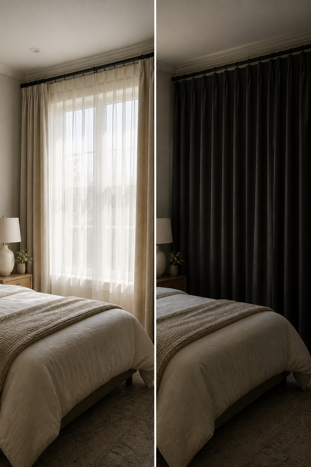 Different curtain layers displayed for light management in a bedroom.