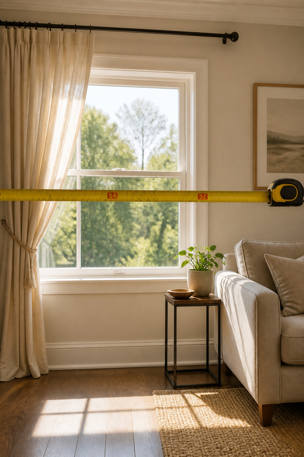 Close-up of a measuring tape across a window frame marked at 56 and 62 inches.