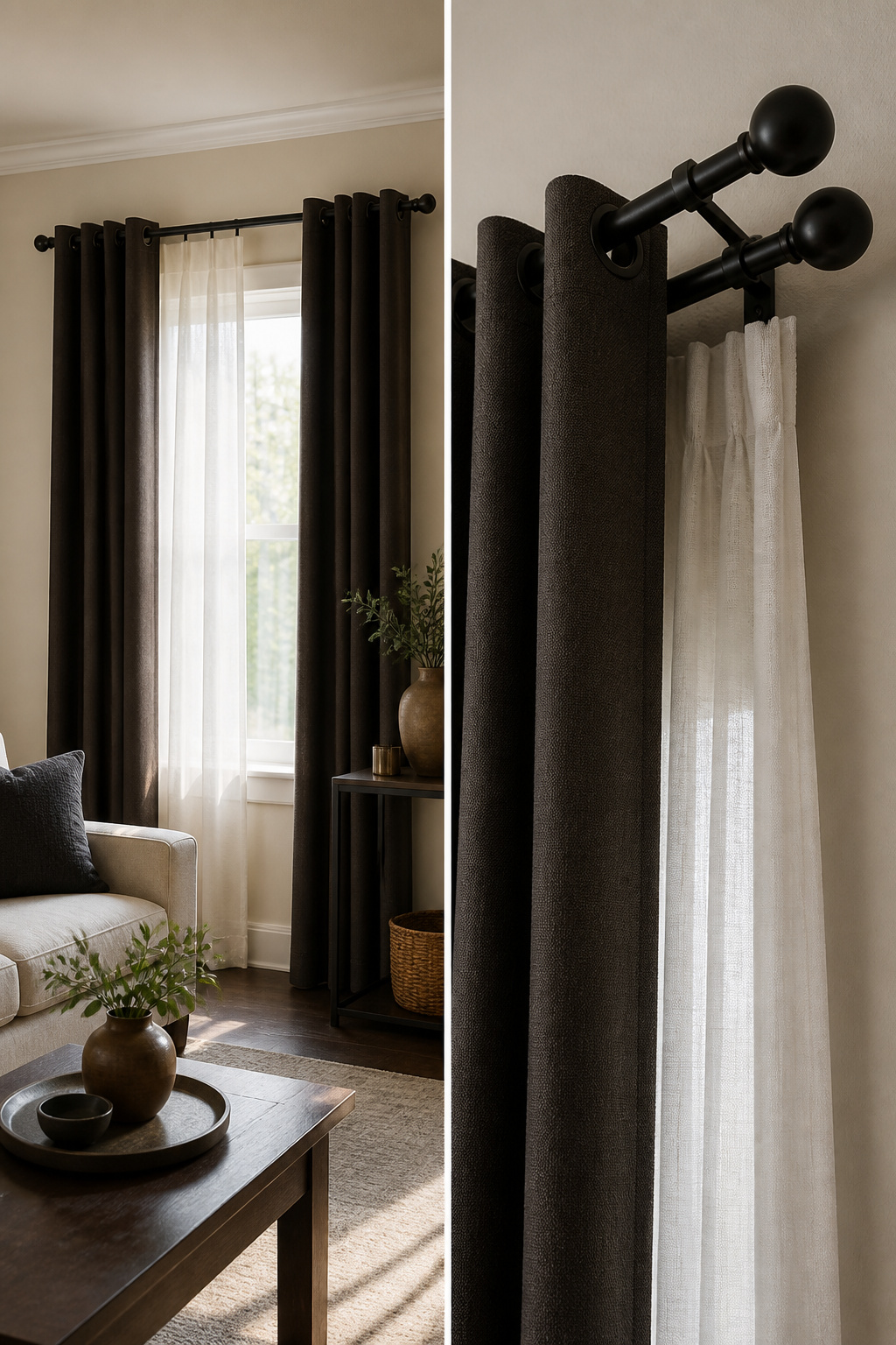 Double rod setup with sheer and blackout curtains.