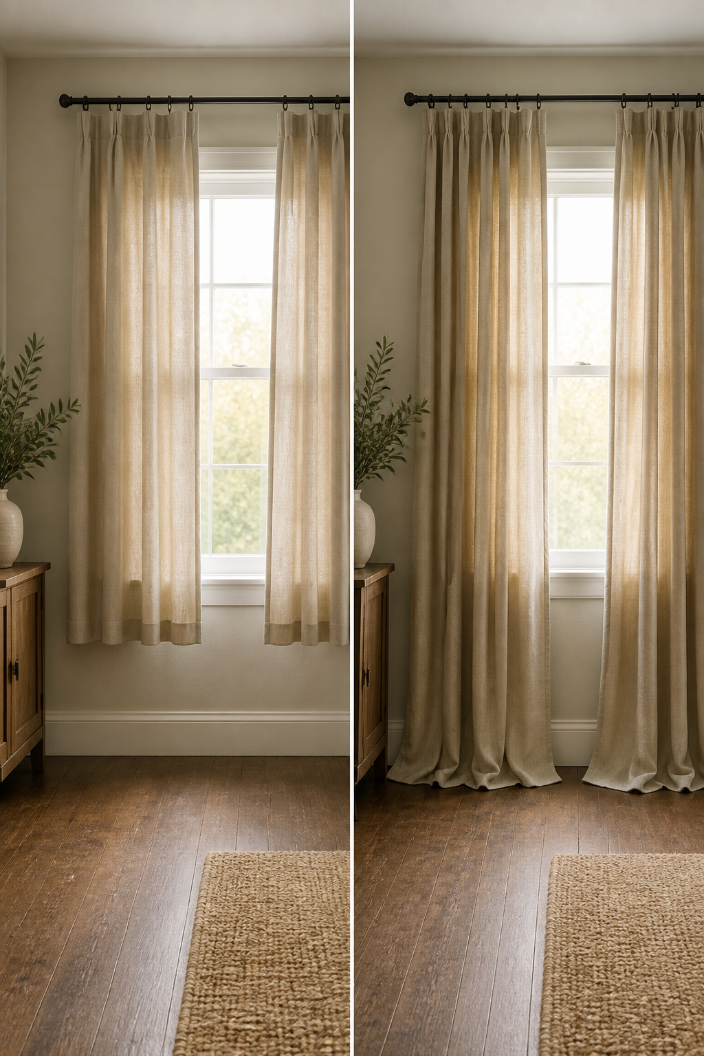 Measuring tape showing different curtain lengths above the floor.