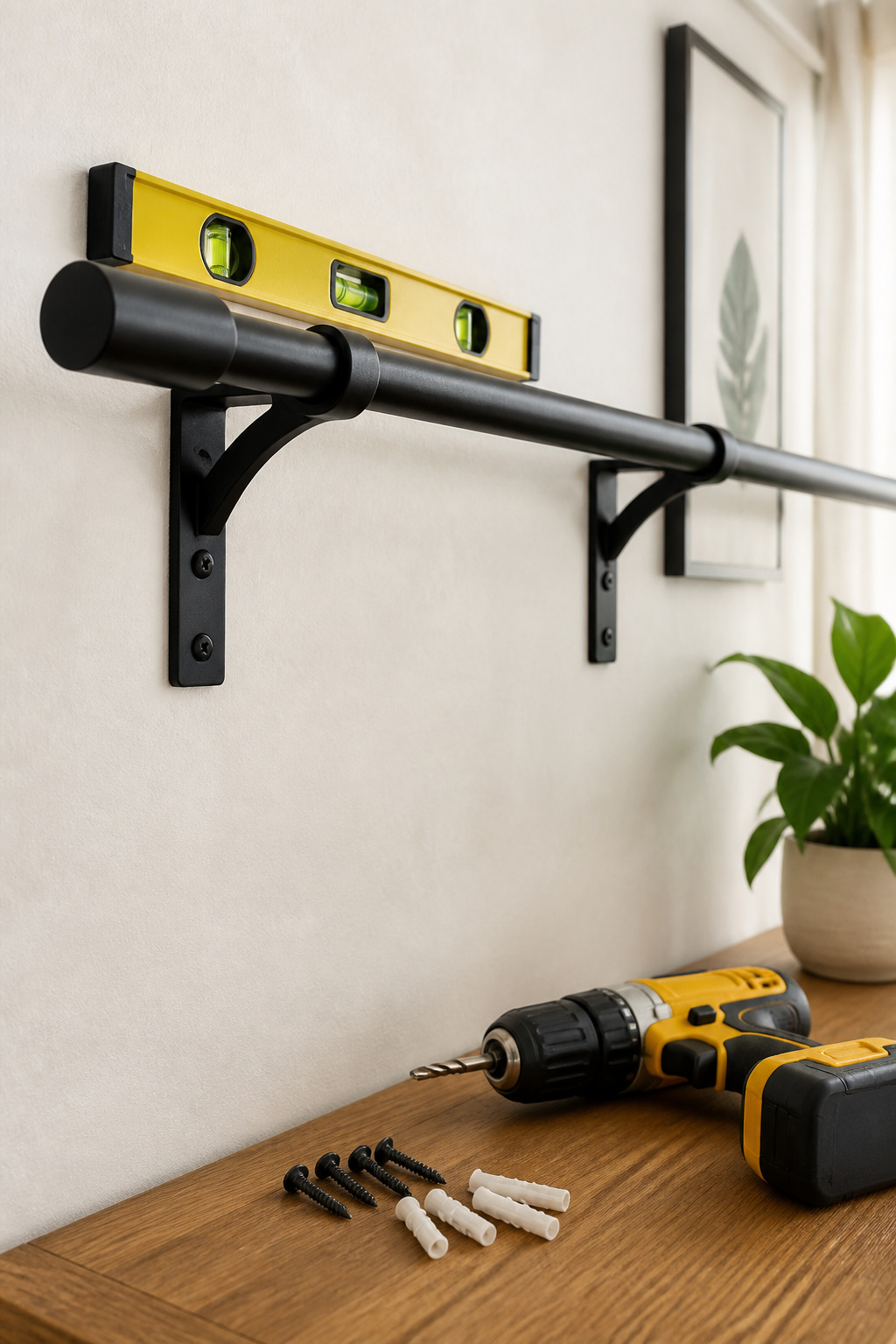 Close-up of matte black curtain rod brackets with a level tool nearby.