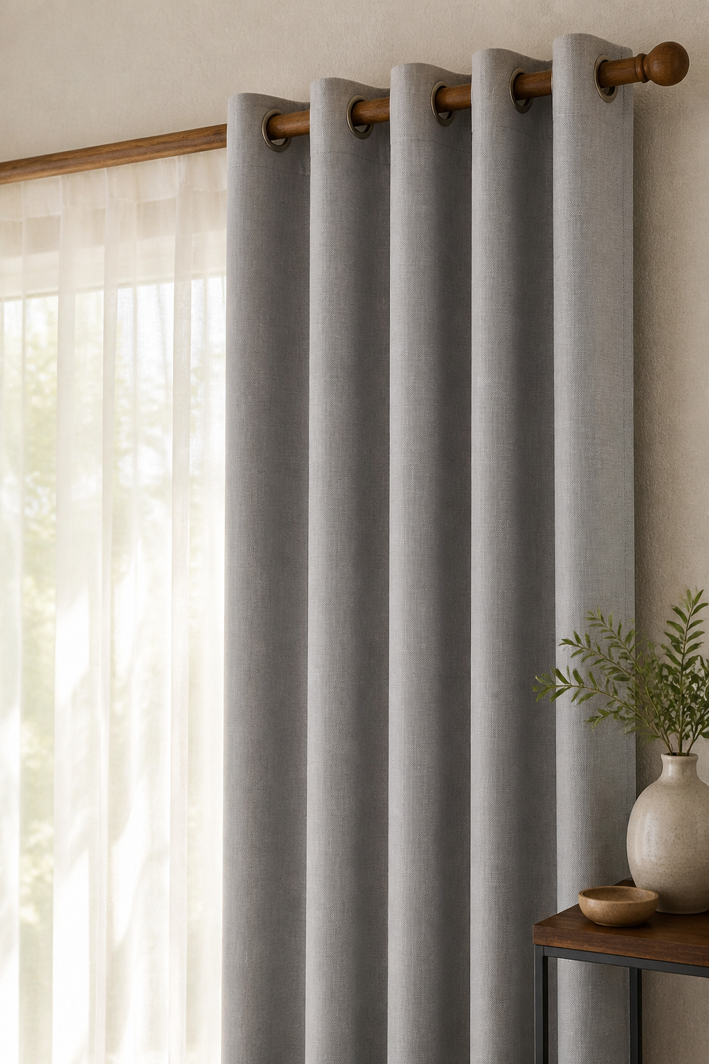 Curtains with metal grommets hanging on a rod.