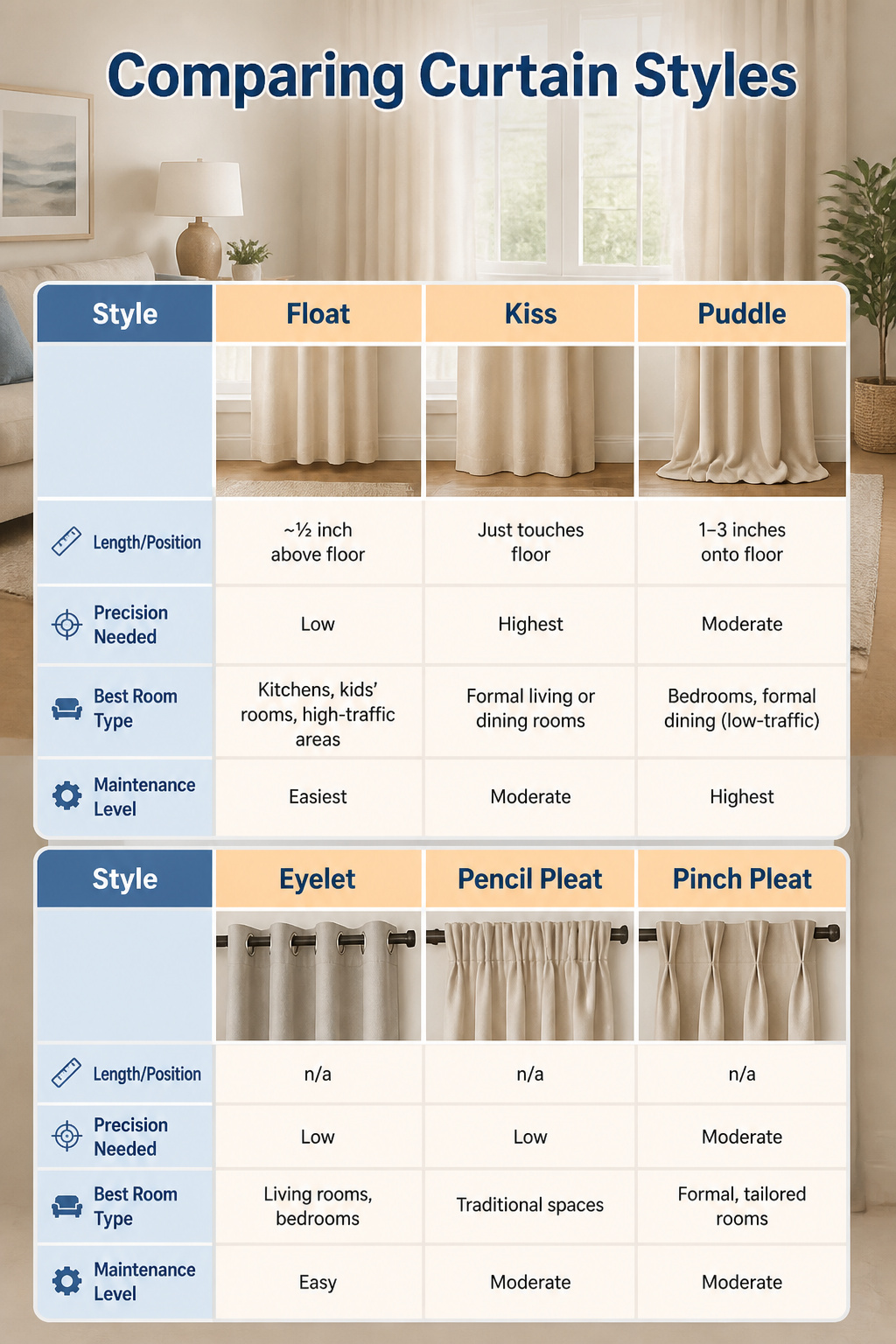 Table comparing various curtain styles and lengths.