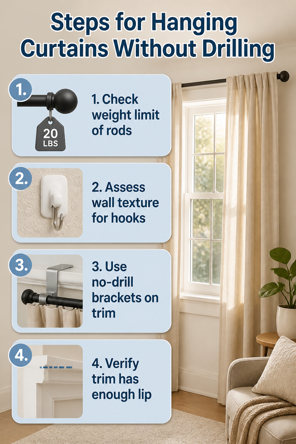 Steps for hanging curtains without drilling shown visually.