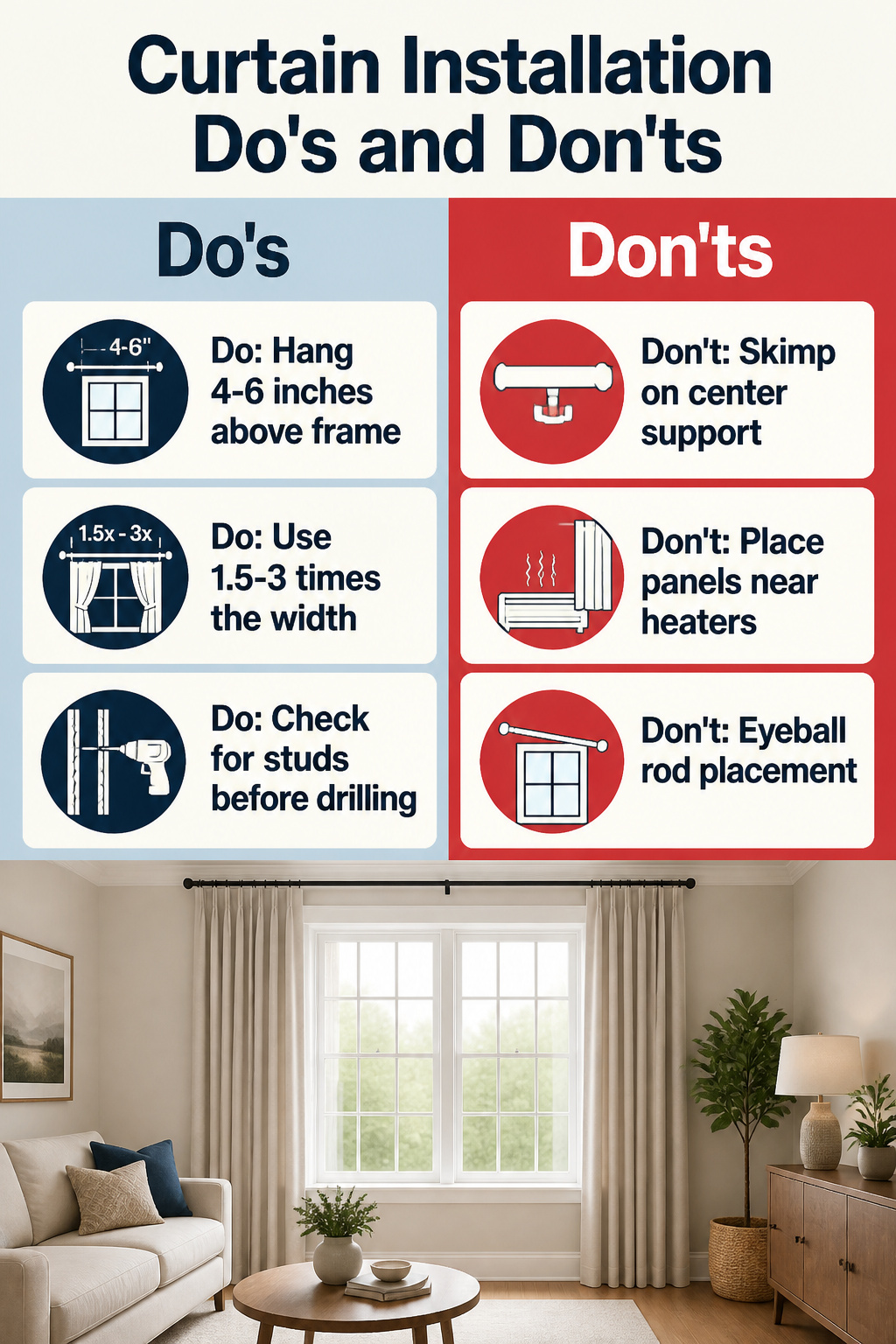 Visual guide illustrating curtain installation do's and don'ts.