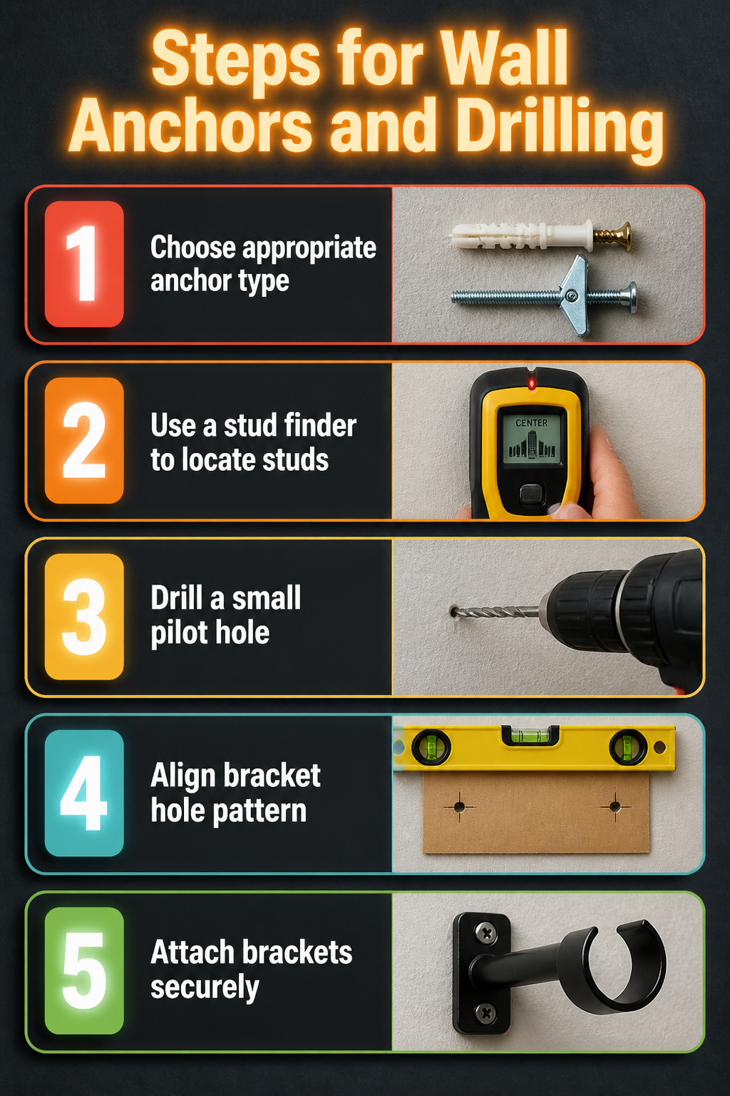 Instructions for drilling and installing wall anchors for curtain rods.