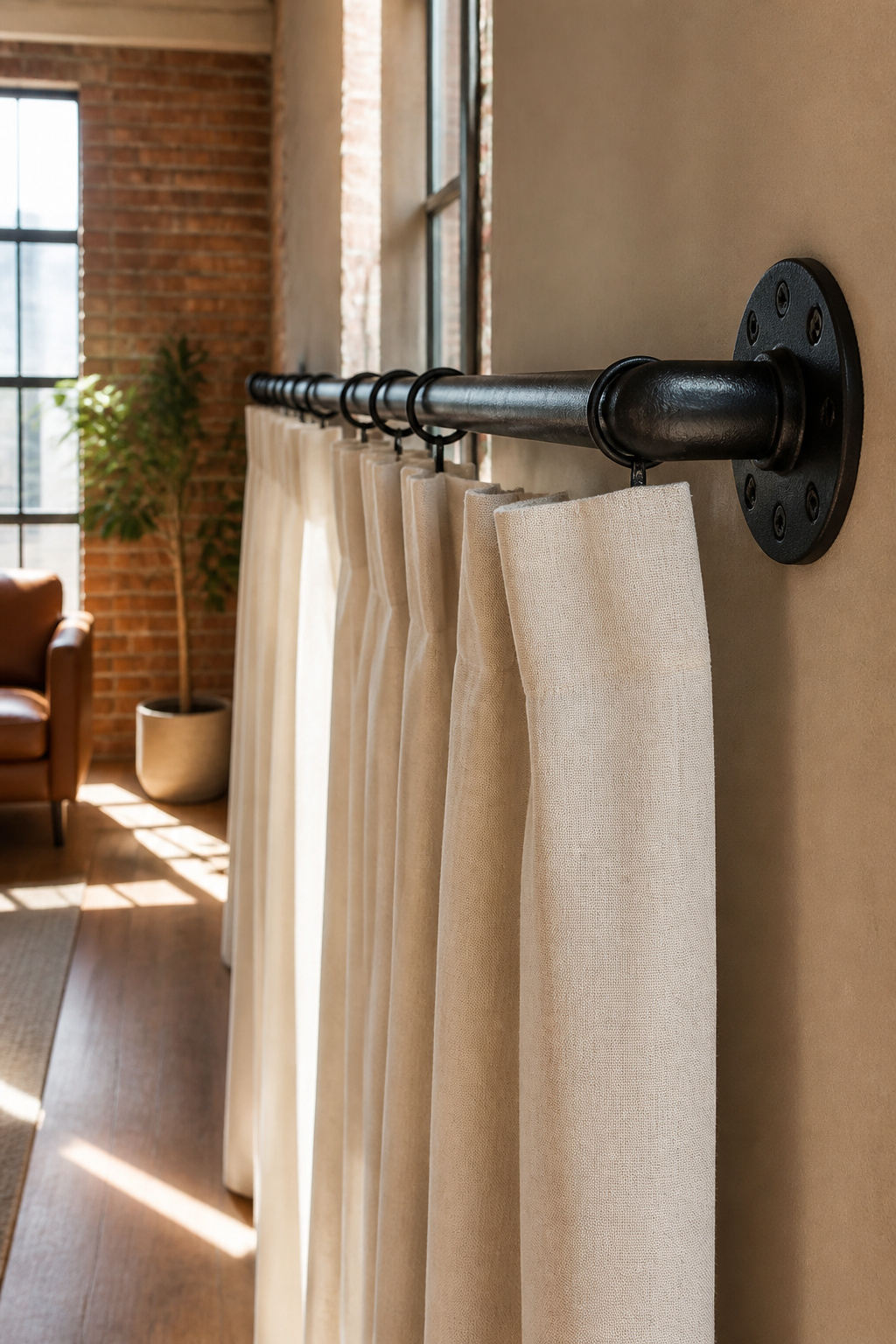 A black iron pipe curtain rod with linen curtains against pale walls.