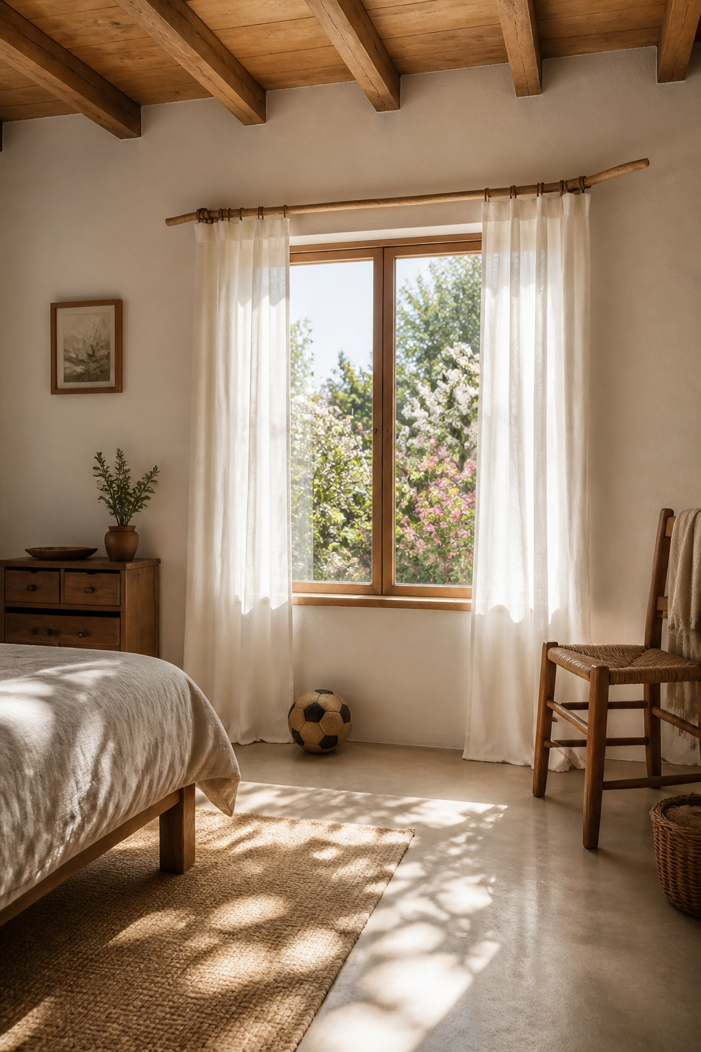A rustic branch used as a curtain rod with flowing curtains.