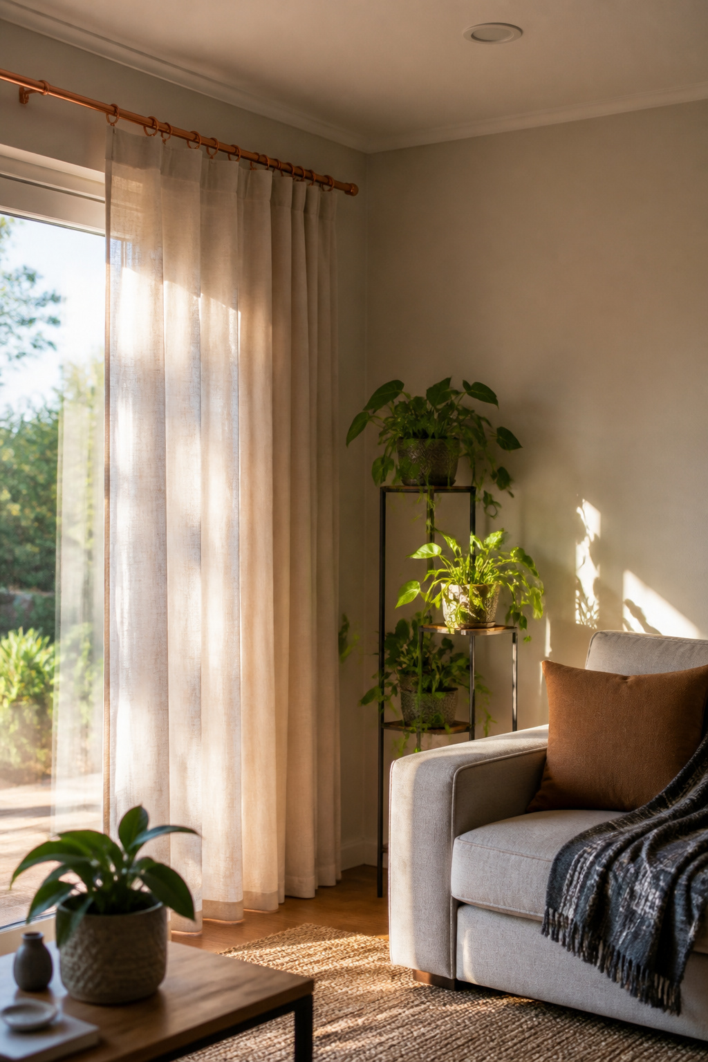 A copper pipe curtain rod with linen curtains in a contemporary room.