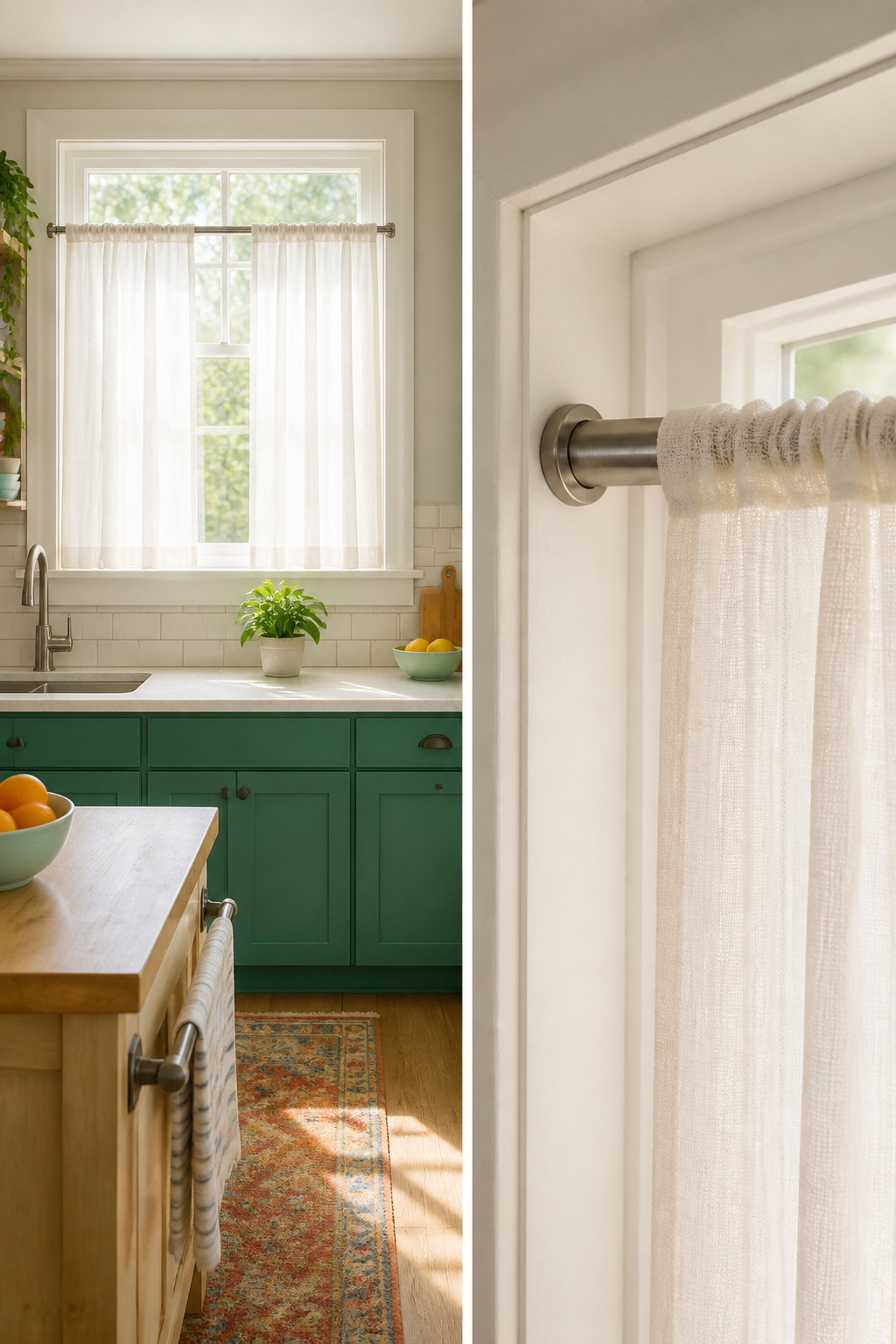 A tension rod holding lightweight curtains inside a window frame.