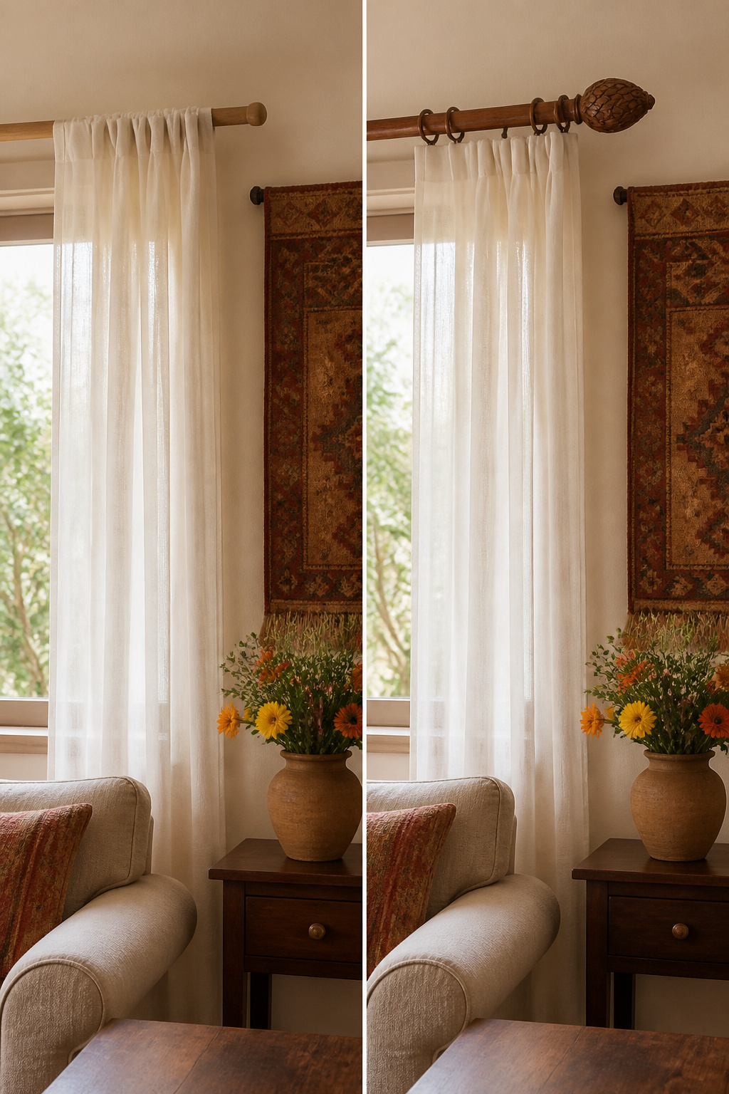 Decorative DIY finials on a wooden curtain rod.