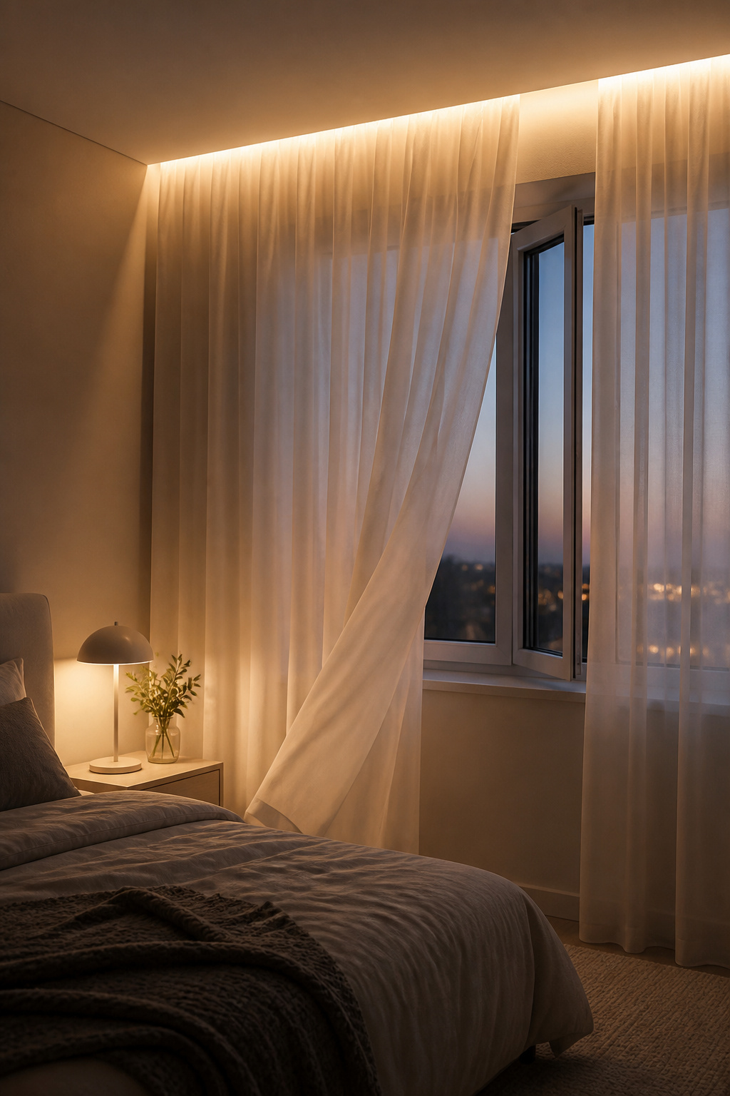 An aluminum curtain rod with embedded LED lighting.