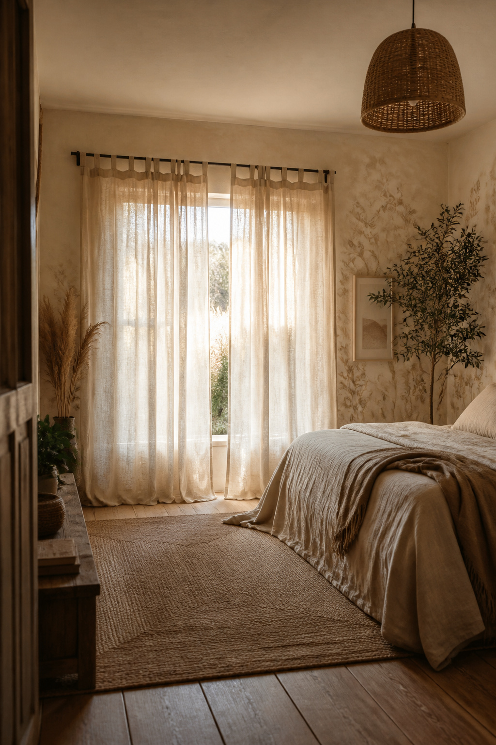 Sheer curtains draping at a window, allowing light to pass through.