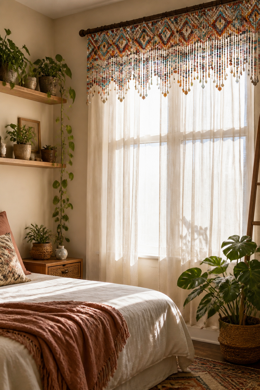 Beaded valance with colorful beads hanging over sheer curtains.