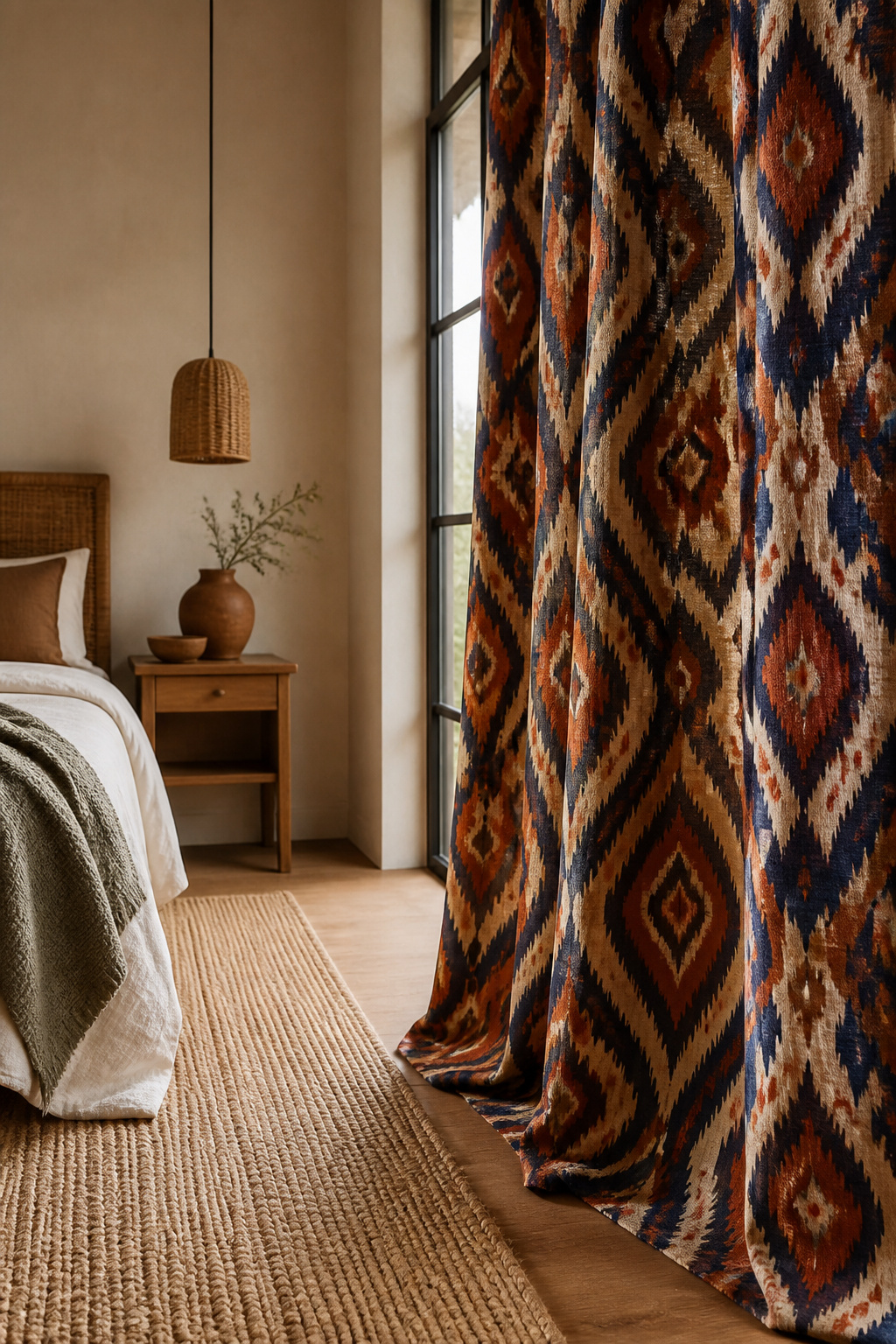 Large-scale patterned curtains hanging at a window in a bedroom.