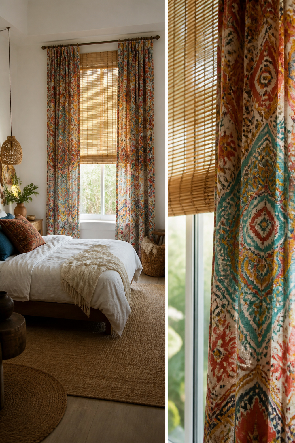 Bamboo shades and patterned cotton curtains at a window.