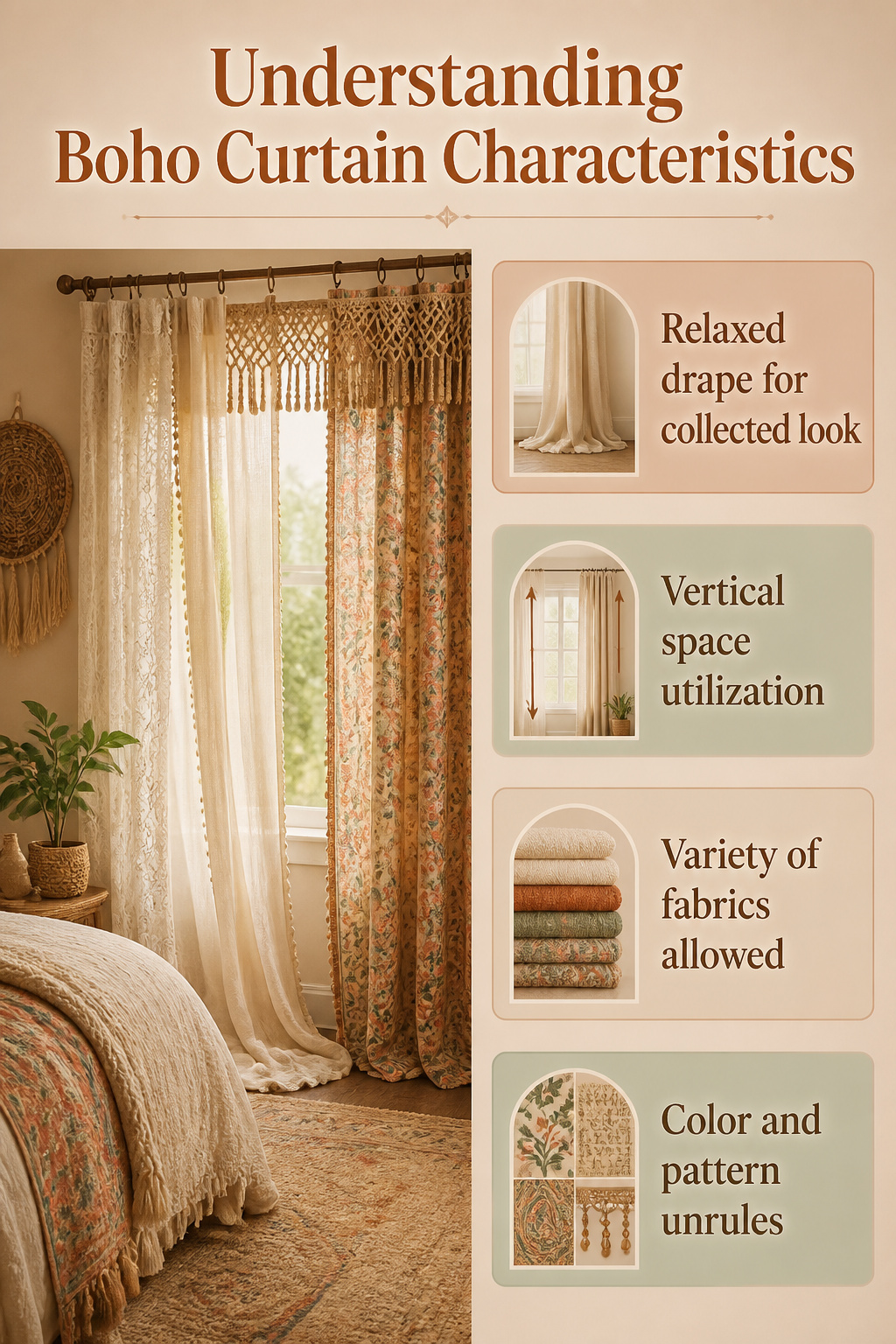 Various boho curtains hanging at a window with relaxed draping.