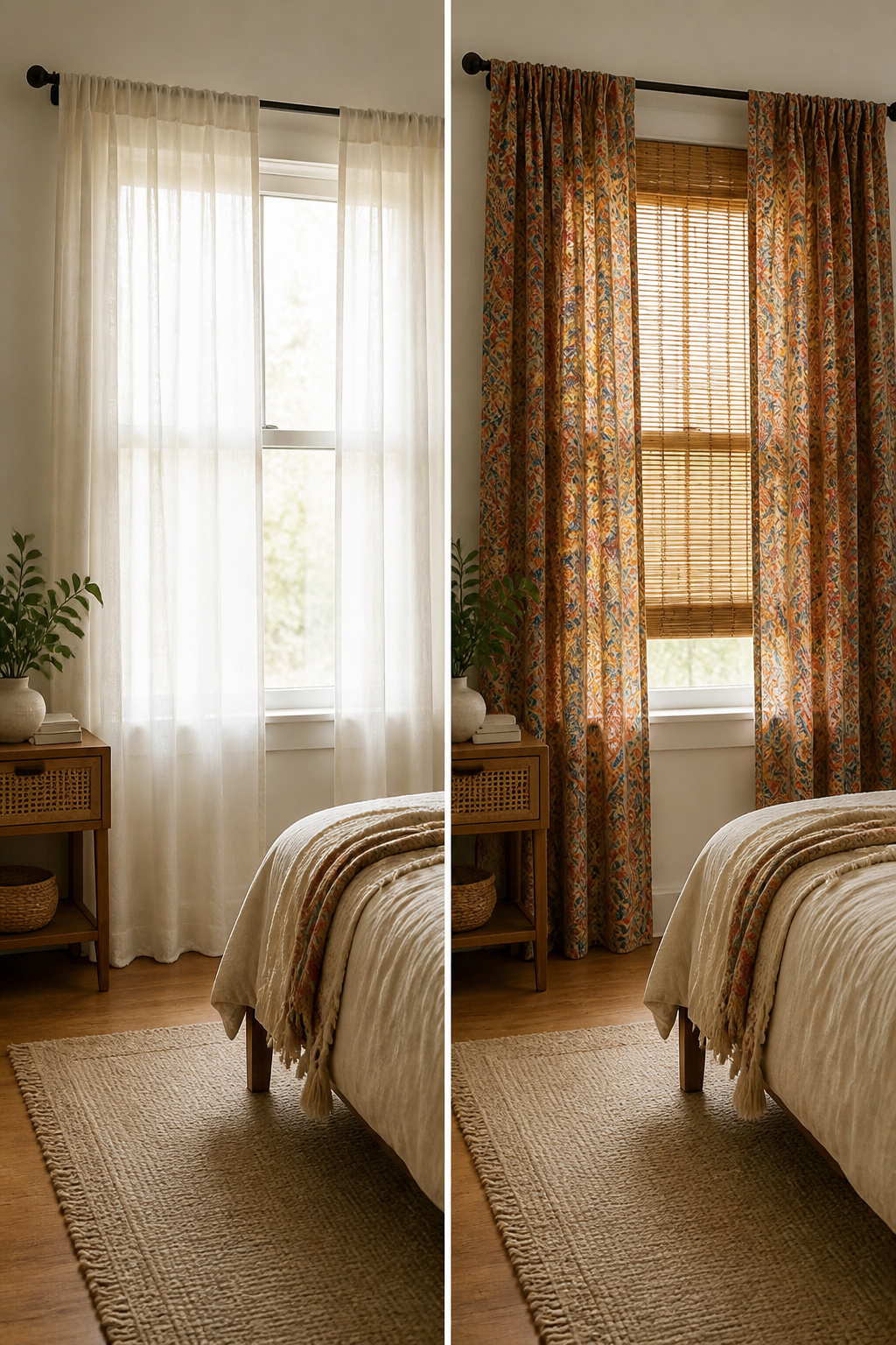 Layered curtains with differing patterns and textures at a window.